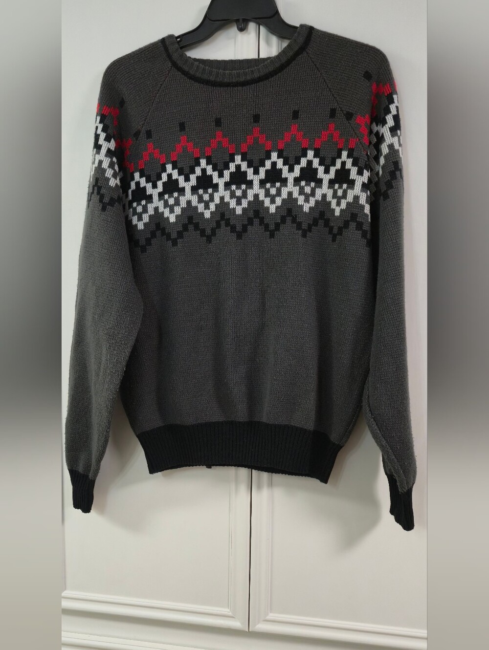 Vintage 90s Boulevard Block Fair Isle Ski Sweater Mens XL Tall XLT Gray Red Knit